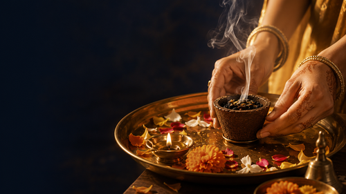 Macro close-up — lighting the Pavitra Cup hawan cup, sacred smoke rising