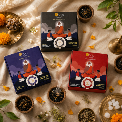 The Ritual Mix — all 3 fragrances flat lay: Pavitra Cup, Resin Bliss, Golden Flame